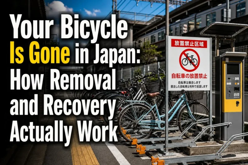 日本の駅前にある駐輪ラックと案内標識。