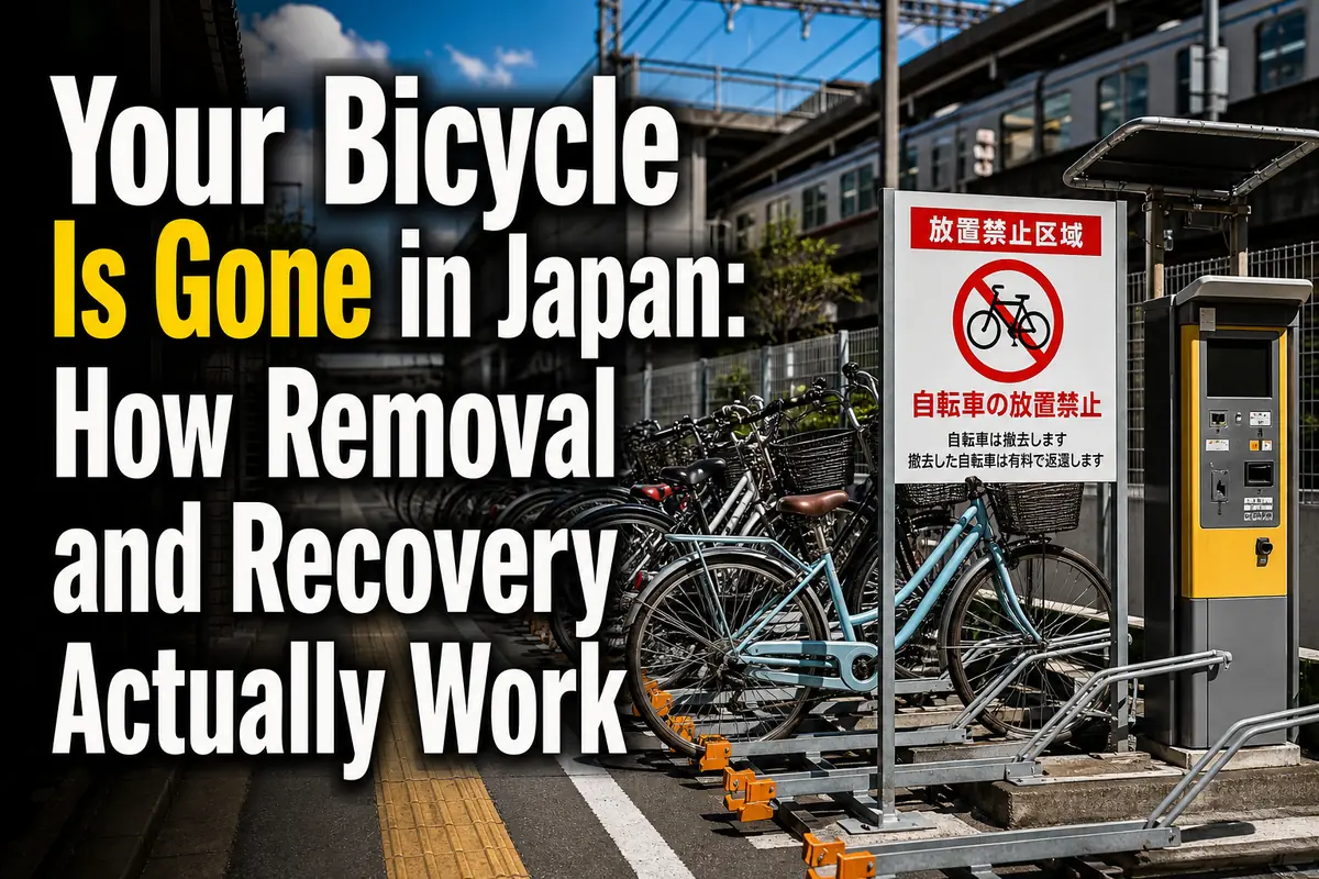 日本の駅前にある駐輪ラックと案内標識。