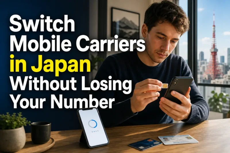 日本で携帯会社を乗り換えるためスマートフォンとSIMを準備する人。
