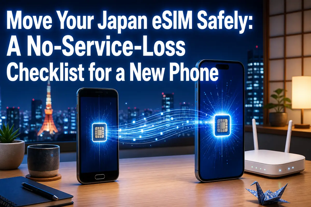 古いスマートフォンから新しい端末へeSIM回線を移している様子。