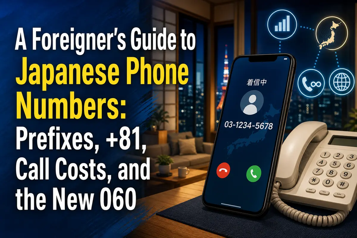日本の携帯電話番号や固定電話番号の違いを示すスマートフォンと電話機。