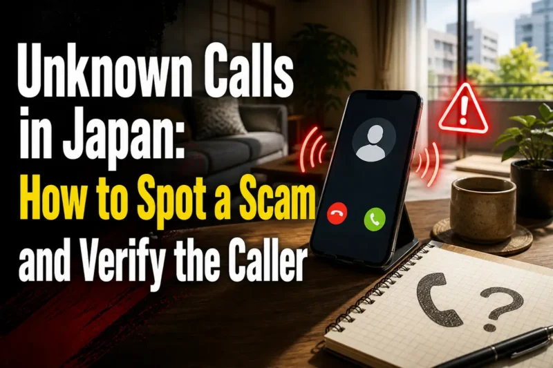 日本の住居で不審な着信を受けたスマートフォンと相談先のメモ。