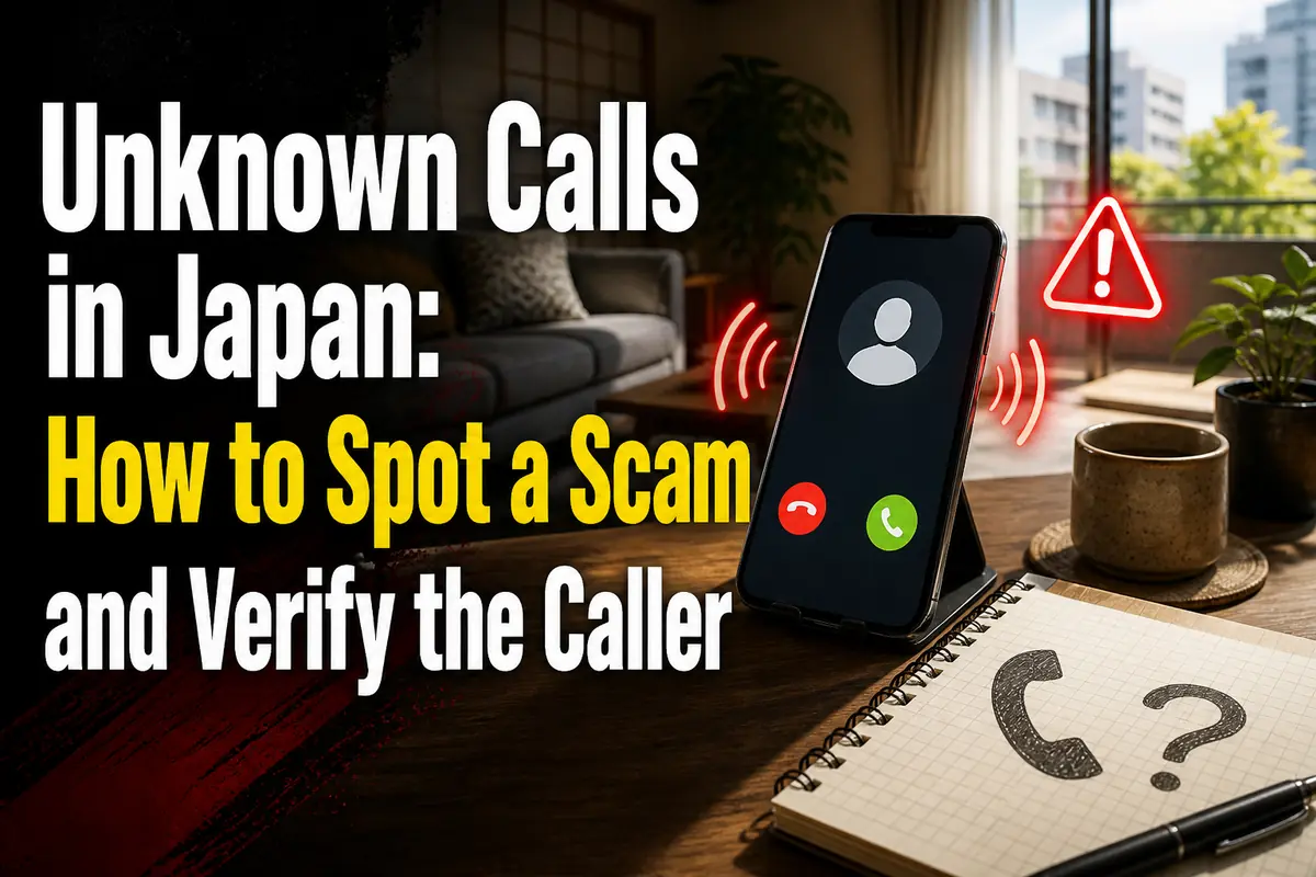 日本の住居で不審な着信を受けたスマートフォンと相談先のメモ。