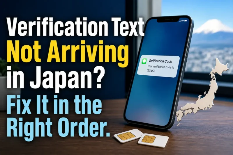 日本でSMS認証コードを確認するスマートフォンとSIMカード。