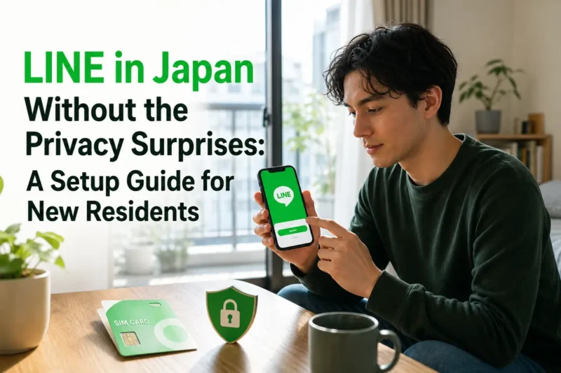 日本の住居でスマートフォンのメッセージアプリを設定する外国人居住者。