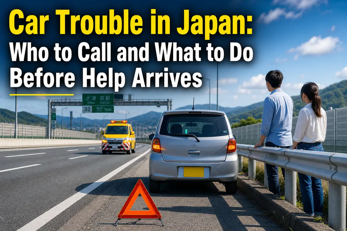 日本の高速道路で故障車の乗員がガードレールの外へ避難している。