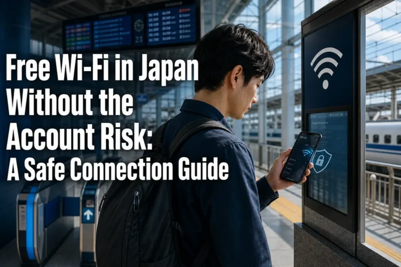 日本の駅でスマートフォンの公衆Wi-Fi接続を確認する旅行者。
