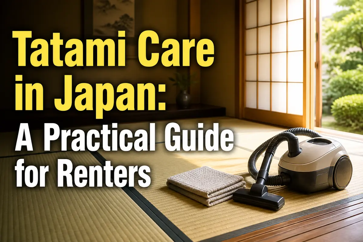 日差しの入る和室に、手入れされた畳と掃除道具が置かれている。