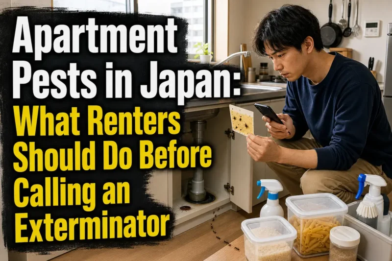 日本の賃貸キッチンで害虫の侵入経路を確認する入居者。