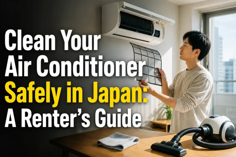 日本の賃貸住宅で壁掛けエアコンのフィルターを安全に掃除する様子。