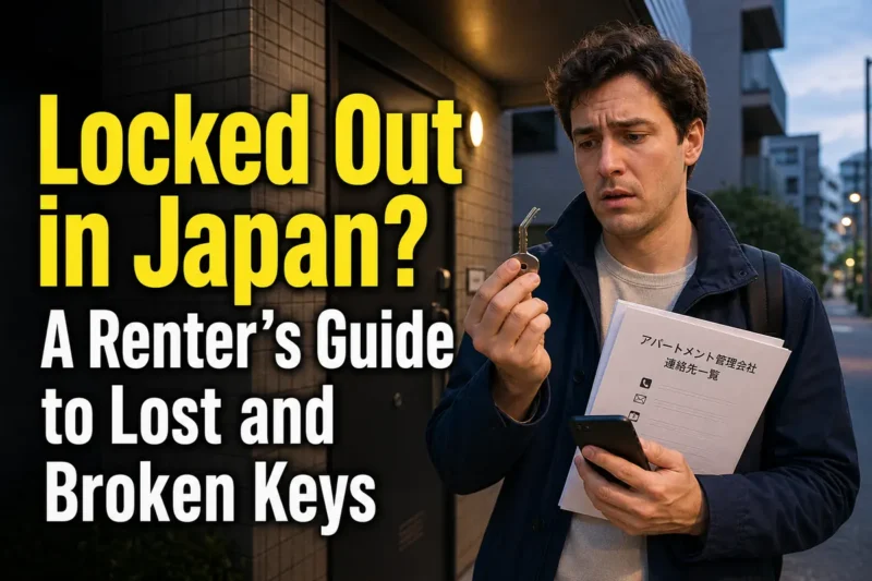 日本の集合住宅の入口で、曲がった鍵を手に管理会社へ電話する入居者。