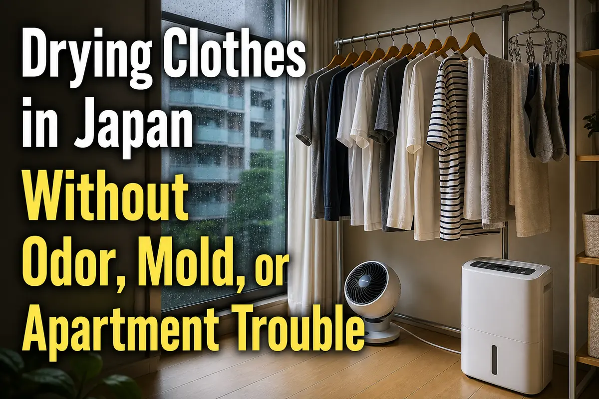 雨の日に日本の部屋で洗濯物を間隔を空けて室内干ししている様子。