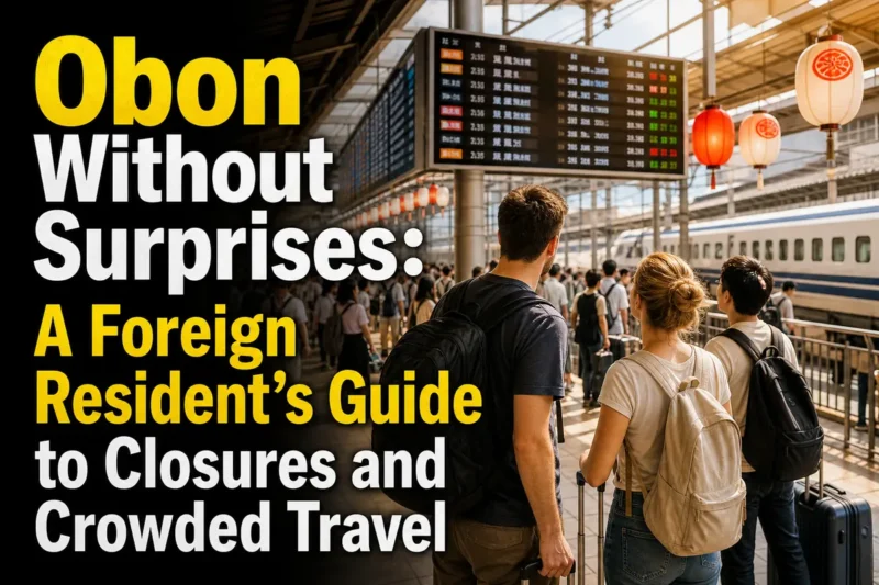 お盆の移動時期に日本の駅で出発案内を確認する外国人居住者。