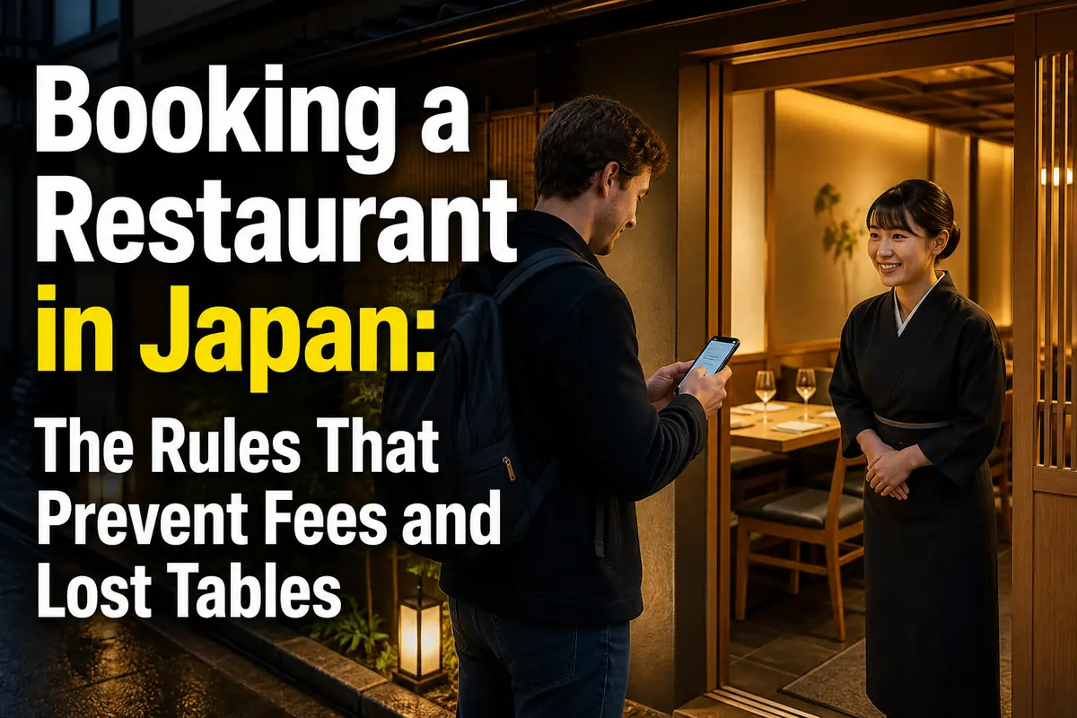 日本のレストラン前でスマートフォンの予約確認を見せる外国人客。