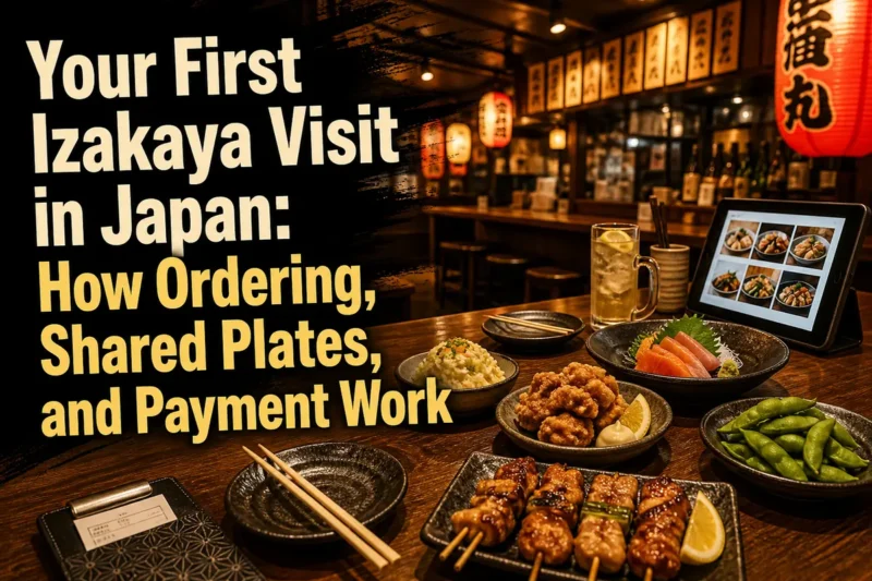 Shared dishes, small plates, and a bill holder on a table inside a Japanese izakaya.