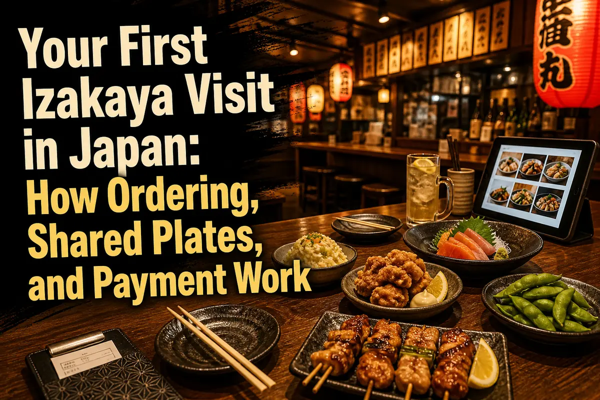 Shared dishes, small plates, and a bill holder on a table inside a Japanese izakaya.