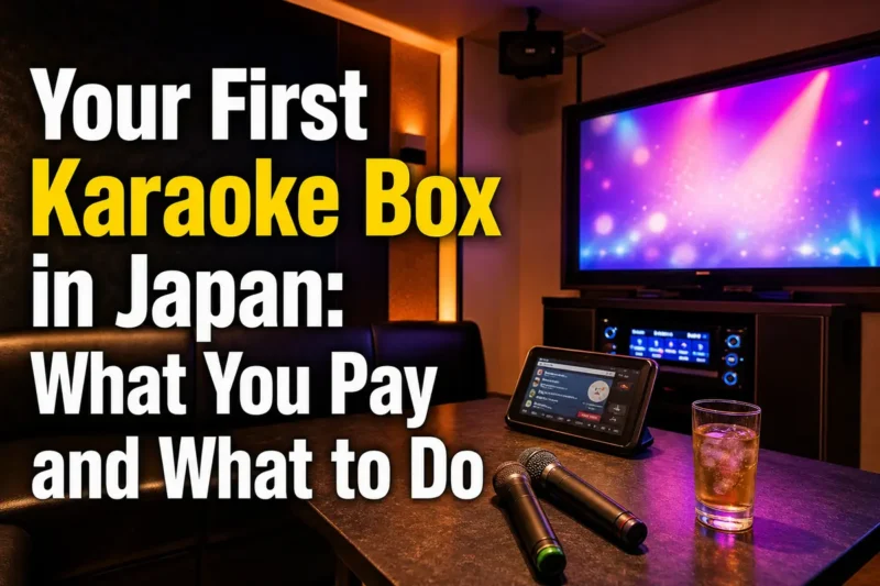 マイクと選曲端末が置かれた日本の明るいカラオケルーム。