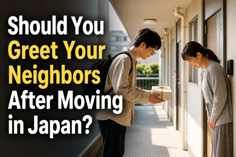 日本の集合住宅で新しい住人が近所の人に引っ越しの挨拶をしている。