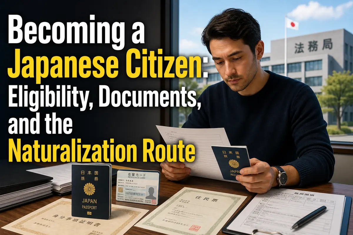 日本の帰化申請に必要な旅券や公的書類を机上で整理している様子。