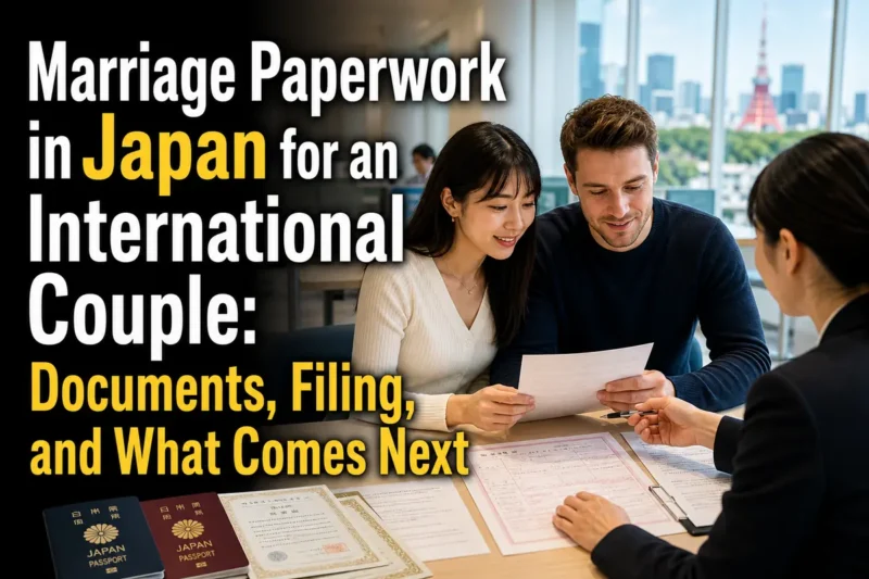 日本の市役所窓口で婚姻届と必要書類を確認する国際カップル。