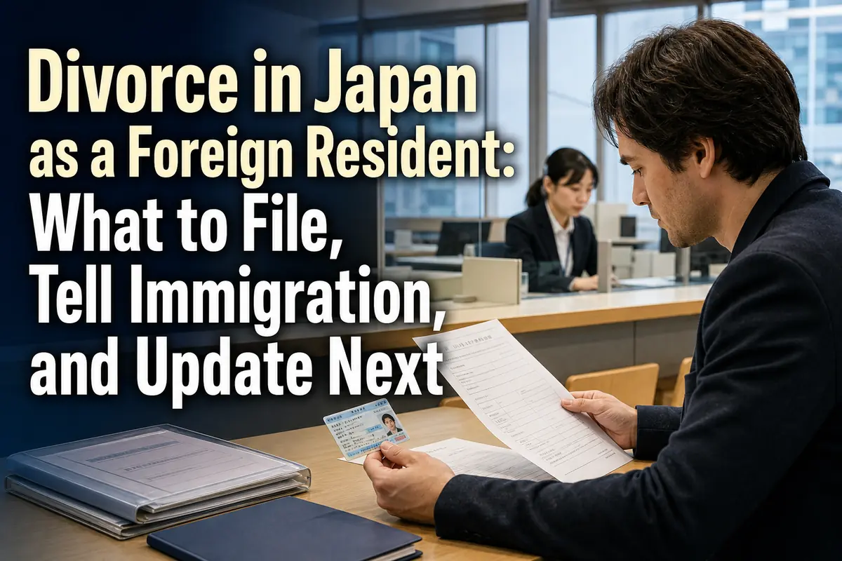 日本の行政窓口で離婚関連の書類と在留カードを確認する外国人住民。