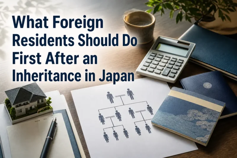 日本の相続手続に必要な書類や通帳を整理した机。