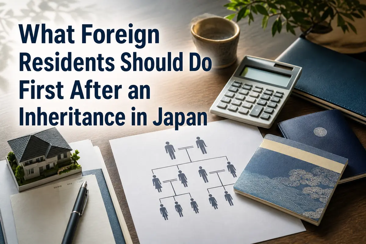 日本の相続手続に必要な書類や通帳を整理した机。