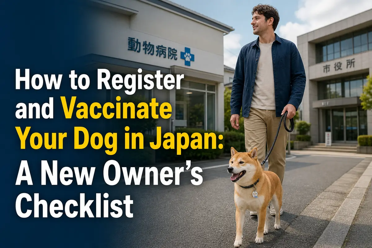 日本の住宅街で登録票を付けた犬を散歩する外国人居住者。