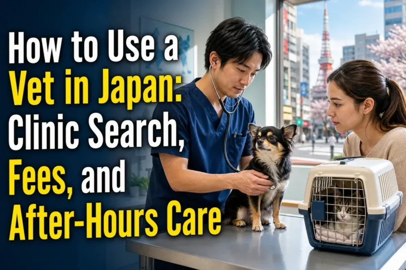日本の動物病院で獣医師が犬を診察し、飼い主が説明を聞いている。