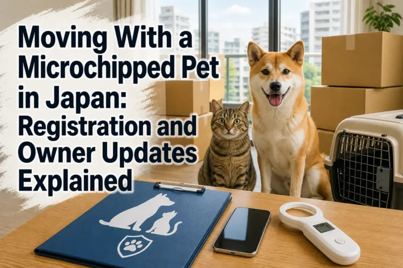 日本の住居で引っ越し準備をする犬と猫とマイクロチップ関連書類。