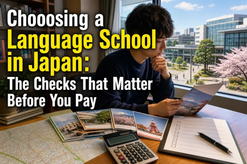 日本語学校の資料と費用を比較しながら進学先を検討する留学生。