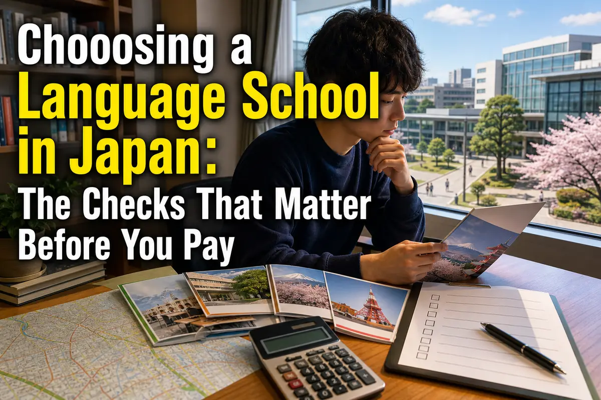 日本語学校の資料と費用を比較しながら進学先を検討する留学生。