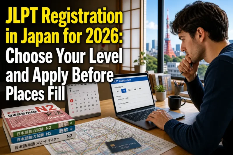日本でJLPTの申込画面と学習資料を確認する外国人居住者。
