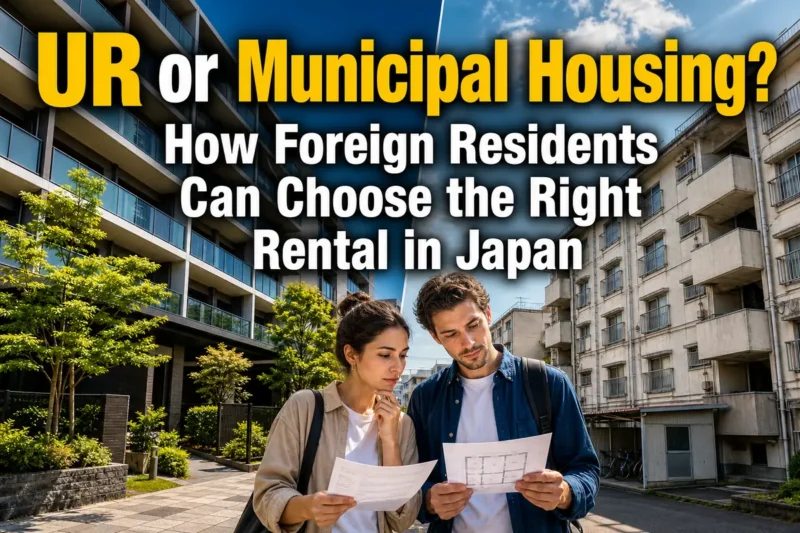 外国人居住者が日本のUR住宅と自治体住宅を比較している様子。