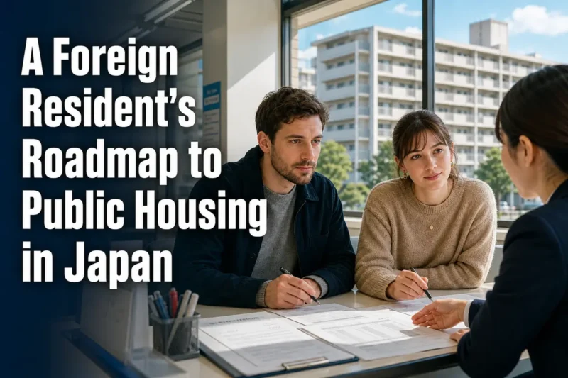 外国人居住者が市役所の窓口で公営住宅の申込書類を確認している。