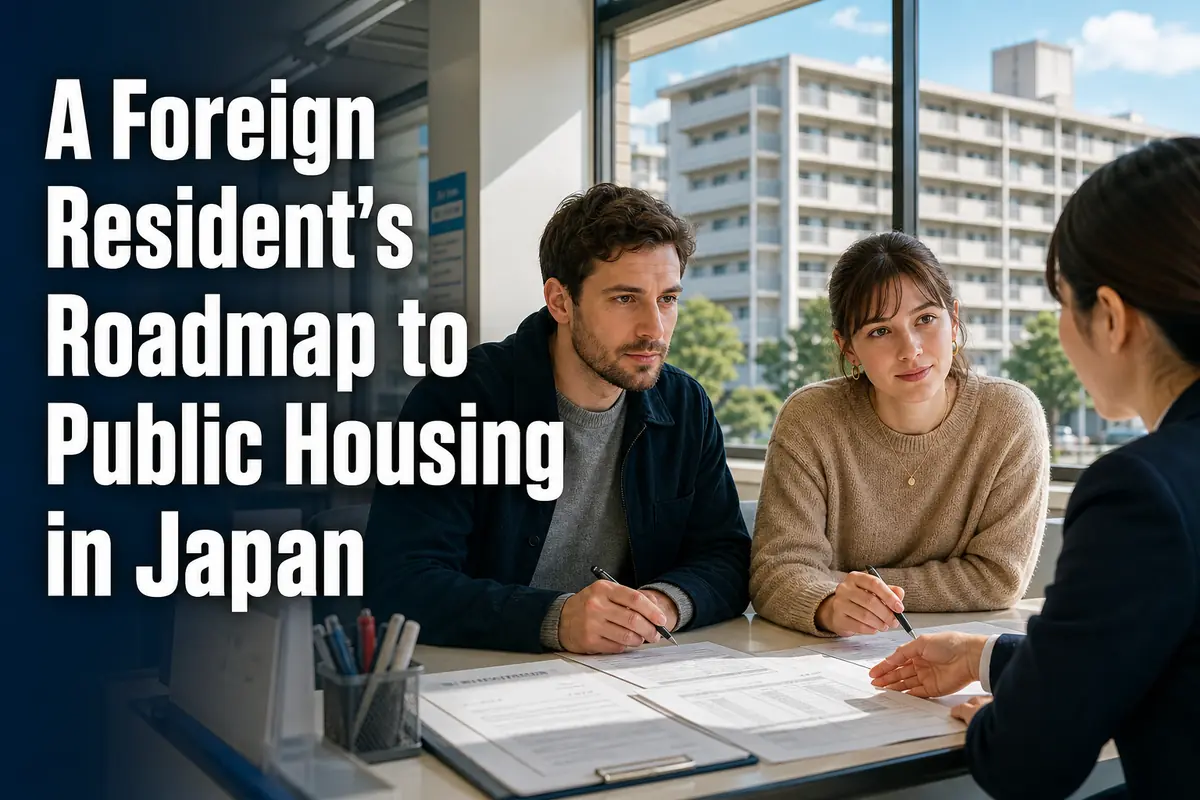 外国人居住者が市役所の窓口で公営住宅の申込書類を確認している。